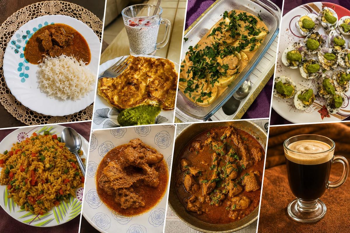 Everyday Indian meals: mutton curry with rice, chia pudding, paneer paratha, egg chaat, vegetable pulao and chicken curry